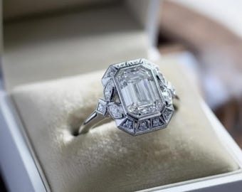 Pierścionek w stylu art déco z 14-karatowego białego złota, pierścionek z diamentem w szlifie szmaragdowym w stylu vintage z moissanitem, pierścionek zaręczynowy dla kobiet, pierścionek retro z połowy XX wieku dla matki