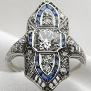 Antique Edwardian Wedding Ring, Round & Sapphire Baguette Cut CZ Stone Engagement Ring, White Gold Art Deco Ring, Vintage Style Estate Ring