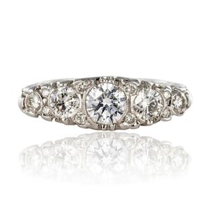 Milgrain Set Ring, Filigree Art Deco Ring, Round Moissanite Diamond Wedding Ring, White Gold Five Stone Ring, Vintage Style Engagement Ring