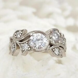 Antique Leaf Motif Art Deco Ring, Round Cut Moissanite Diamond Wedding Ring, Women&#39;s Milgrain Set Ring, 14K Gold Engagement Ring For Her
