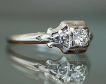 Pierścionek w stylu art déco z motywem kwiatowym, okrągły pierścionek z moissanitem i pojedynczymi diamentami, antyczny pierścionek do noszenia na co dzień, pierścionek zaręczynowy inspirowany stylem vintage, prezent urodzinowy