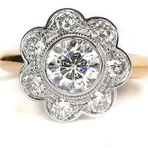 Floral Inspire Engagement Ring, 1.50 TCW Round Cut Moissanite Diamond Wedding Ring, Milgrain Bezel Set Halo Ring, Two Tone Gold Ring For Her