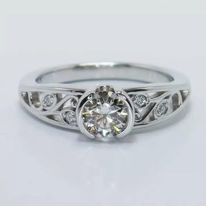 Vintage Inspire Filigree Ring, Old European Cut Moissanite Diamond Engagement Ring, Art Deco Five Stone Ring, Half Bezel Set Wedding Ring