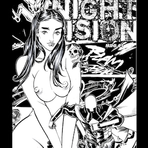 Puede incluir: Portada de cómic en blanco y negro con el título "NIGHT VISION" en letras negritas y estilizadas. La portada presenta a una mujer desnuda con pelo largo y un tatuaje de calavera, junto con una figura disfrazada y otros elementos gráficos.