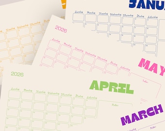 Afdrukbare maandkalender 2026 | Kleurrijk landschap (pdf-download)