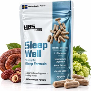 Op de afbeelding: Een wit en blauw HBS Labs Sleep Well supplementenzakje met 60 capsules. De verpakking bevat tekst met ingrediënten zoals Reishi-extract, L-Theanine, Magnesiumglycinaat, Hop-extract, Jujube-zaad en Apigenine, samen met bruine capsules.