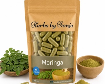 May include: A brown stand-up pouch labeled Herbs by Sonja containing 60 green Moringa capsules at 400 mg each. The packaging features a clear window, a blue circle icon, and a Swedish flag. Fresh green leaves and a bowl of green powder are visible.