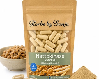 May include: A brown kraft paper pouch of Herbs by Sonja Nattokinase 2500 FU capsules. The front features a clear window showing beige capsules, text reading 60 capsules, and an image of fermented soybeans. Four loose capsules and a pile of powder sit nearby.