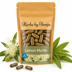 May include: A brown kraft paper pouch containing 60 dark green herbal capsules labeled Herbs by Sonja Lemon Myrtle. The packaging features a clear window, a blue circle with 60, and text stating 480 mg and Swedish premium product.
