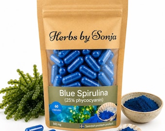Blauwe Spirulina Capsules 500mg | Phycocyanine-extract | Veganistisch | 60 capsules | Arthrospira | Gemaakt in Zweden