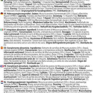 Może przedstawiać: Etykieta suplementu diety z informacjami w języku polskim. Zawiera szczeg&oacute;ły dotyczące składnik&oacute;w, dawkowania i ostrzeżeń. Produkt zawiera ekstrakt z nasion Mucuna pruriens w kapsułkach.