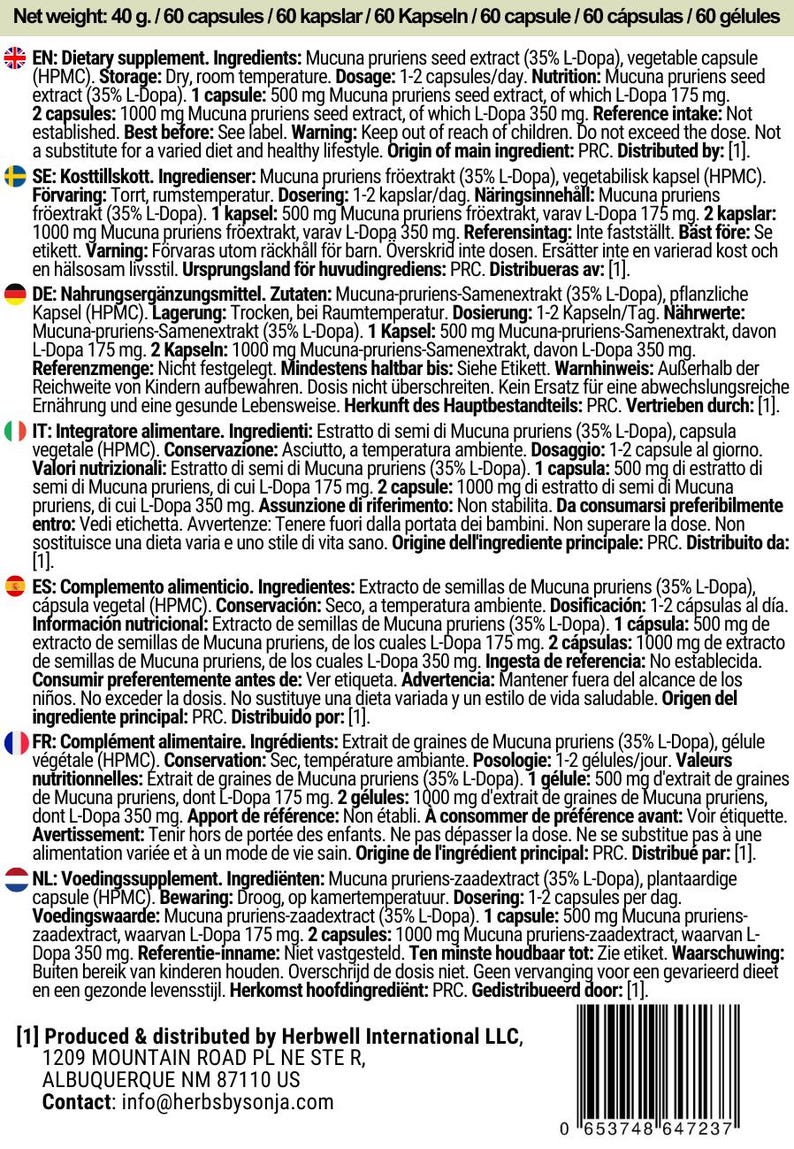 Może przedstawiać: Etykieta suplementu diety z informacjami w języku polskim. Zawiera szczeg&oacute;ły dotyczące składnik&oacute;w, dawkowania i ostrzeżeń. Produkt zawiera ekstrakt z nasion Mucuna pruriens w kapsułkach.