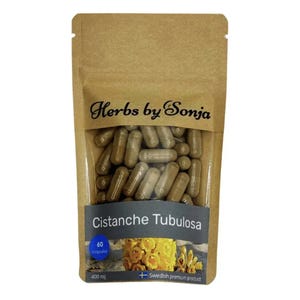 Cápsulas de Cistanche Tubulosa de 400 mg. Extracto altamente concentrado en proporción 20:1. Sin rellenos, cápsulas veganas y ecológicas.