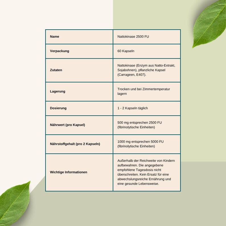 K&ouml;nnte beinhalten: Eine wei&szlig;e und t&uuml;rkisfarbene Tabelle mit Informationen zu Nattokinase 2500 FU Kapseln. Die Tabelle enth&auml;lt Angaben zu Inhaltsstoffen, Dosierung und N&auml;hrwert. Die Verpackung enth&auml;lt 60 Kapseln. Sie enth&auml;lt auch Lagerhinweise und wichtige Informationen.
