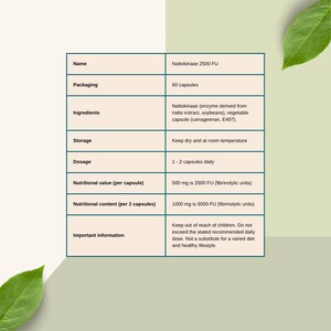 K&ouml;nnte beinhalten: Produktinformationen f&uuml;r Nattokinase 2500 FU Kapseln. Die Tabelle zeigt Name, Verpackung (60 Kapseln), Inhaltsstoffe, Lagerung, Dosierung, N&auml;hrwert und wichtige Informationen. Der Text ist auf hellgr&uuml;nem Hintergrund dargestellt.