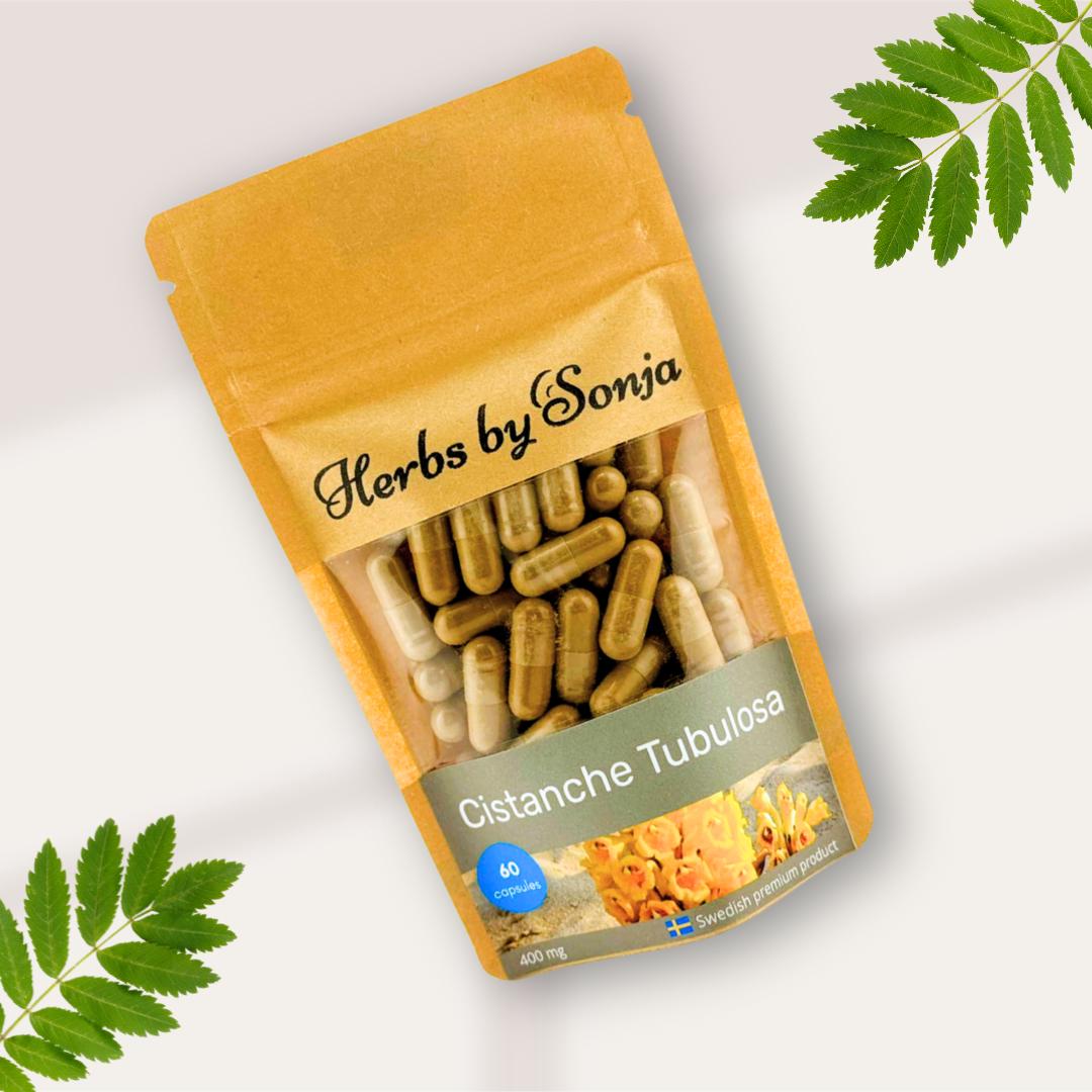 Cistanche Tubulosa 400 mg capsules. Highly concentrated 20:1 ratio extract. No fillers, vegan capsules and eco-friendly.