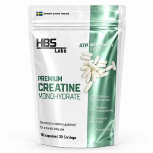 May include: A white and metallic green stand-up pouch of HBS Labs Premium Creatine Monohydrate. The front features the text ATP High-Purity Support, 180 capsules, 30 servings, and a pile of white capsules. Includes icons for purity, vegetarian HPMC, and lab-tested quality.