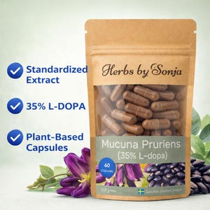 Może przedstawiać: Brązowa papierowa torba z przezroczystym okienkiem, wypełniona brązowymi kapsułkami. Torba zawiera napis "Herbs by Sonja" i "Mucuna Pruriens (35% L-dopa)". Torba zawiera r&oacute;wnież napis "60 Kapsułek" i "500 g".