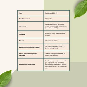 K&ouml;nnte beinhalten: Produktinformationsblatt f&uuml;r Nattokinase 2500 FU Kapseln. Das Blatt listet den Namen, die Inhaltsstoffe, die Lagerungshinweise, die Dosierung und den N&auml;hrwert pro Kapsel auf. Das Blatt hat einen hellgr&uuml;nen Hintergrund.