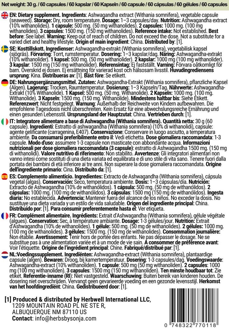 Kapsułki z ashwagandhą 400 mg | Standaryzowany ekstrakt z witanolidów | Wegańskie | 60 kapsułek | Withania somnifera | Wyprodukowano w Szwecji zdjęcie 4