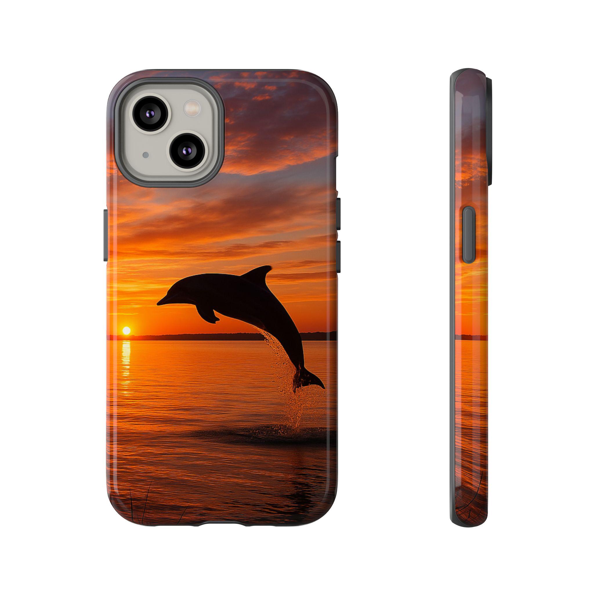 Phone Case, Dolphin Jumping Out of Water Summer Sunset Design - Tough Cases, Protective Phone Cover, Ocean Animal Lover Gift, Beach Theme