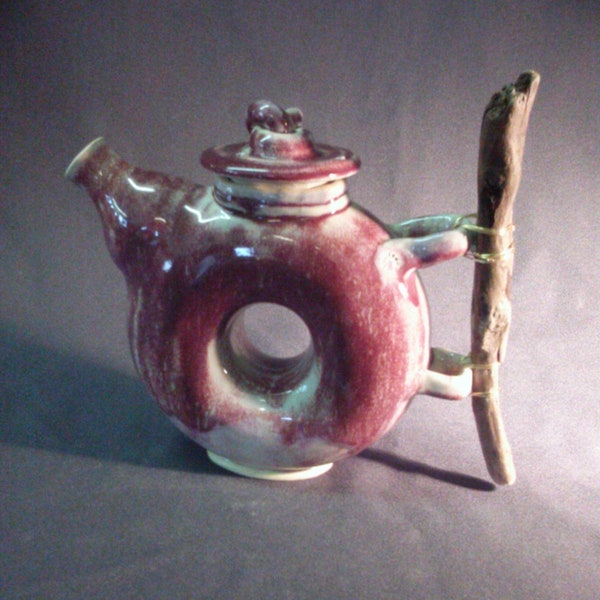 Handmade Ceramic Teapot, Ceramic Donut Teapot, Stoneware Teapot, Wooden Handle Teapot, Ceramic Donut Teapot with wooden handle.