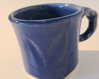 Handmade Blue Stoneware Coffee Mug, Leaf Imprint