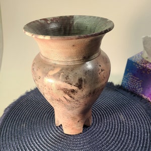Ceramic Vase with Leaves, Primitive Fired Vase, Pit Fired Ceramic Vase. Smoke fired Pottery, Primitive Vase. Smoke Fired Pottery