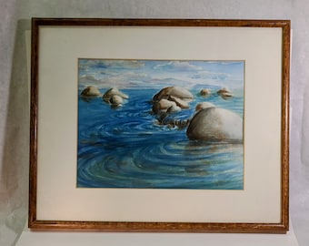 Original Acrylic Painting, Water and Rocks, Framed Art (16x20)