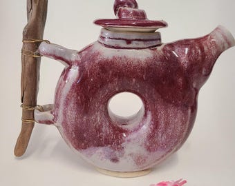 Red Donut Ceramic Teapot, Stoneware Pottery with Wood Handle