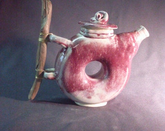 Handmade Ceramic Donut Teapot, Stoneware Pottery with Wooden Handle