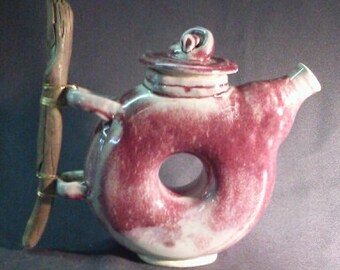 Red Donut Ceramic Teapot, Stoneware Pottery with Wood Handle