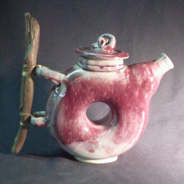 Ceramic Donut Teapot, Wood Handle Teapot, Stoneware Teapot, Red Teapot Pottery, Ceramic Red Teapot,  Pottery Teapot with Wooden Handle, Tea,