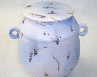 Ceramic Raku Lidded Canister, Moosehair Pottery, Blue Blush