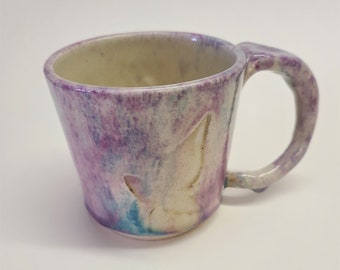 Handmade Ceramic Coffee Mug with Leaf Print, Purple Turquoise Glaze
