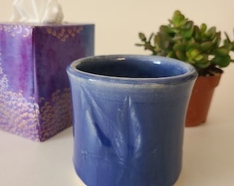 Handmade Blue Ceramic Coffee Mug, Leaf Imprint Stoneware