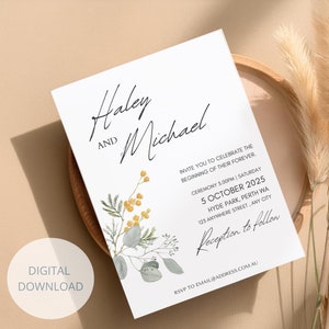 May include: A wedding invitation featuring a watercolour floral design in shades of green and yellow. The invitation reads "Haley and Michael" and includes the date and time of the ceremony, "5 October 2025, 5:00 PM", the location, "Hyde Park, Perth WA", and the address, "123 Anywhere Street, Any City". The invitation also includes the text "Reception to follow" and the RSVP information, "RSVP to email@address.com.au".