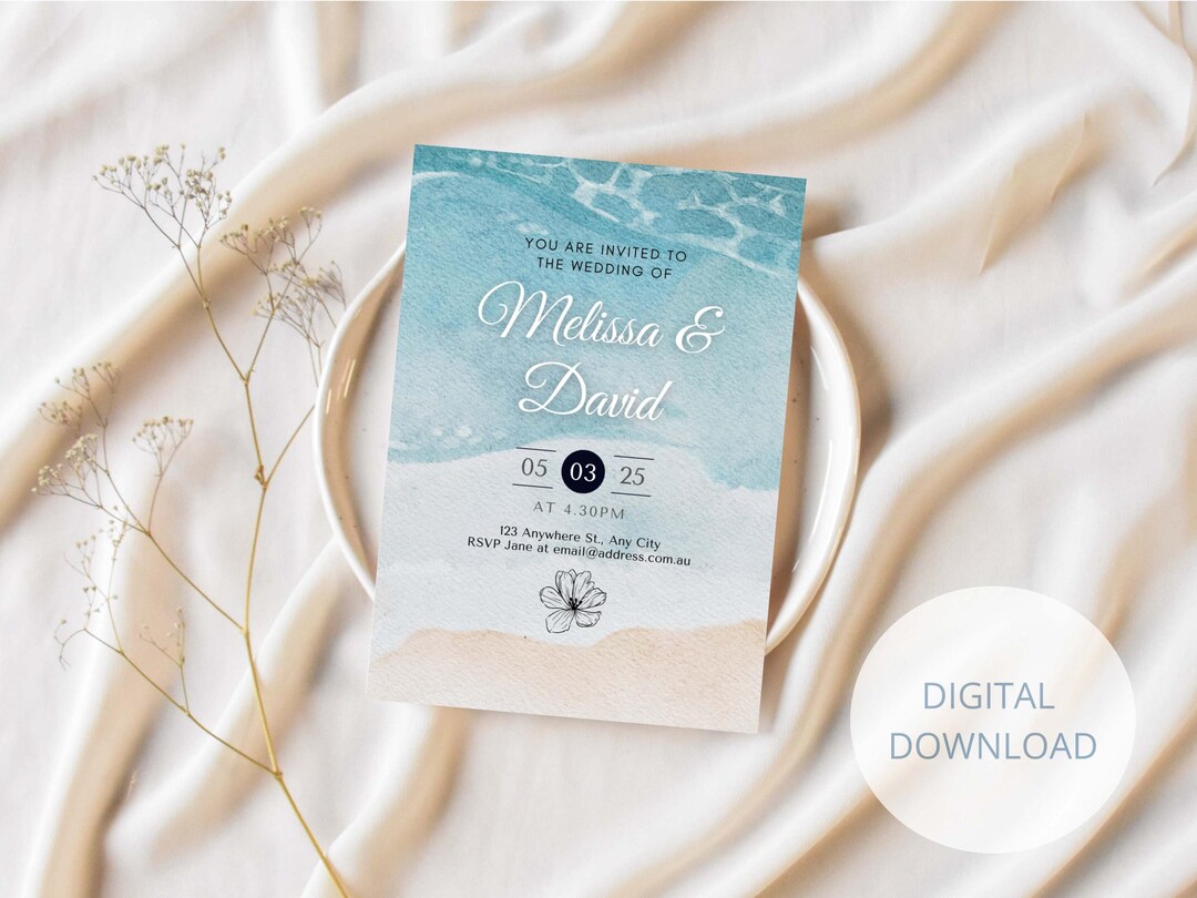 Editable Elegant Beach Wedding Invitation - Digital Canva Template - Etsy
