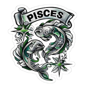 Pisces Zodiac Sticker Pisces Fish Laptop Decal Vintage Design Sticker Vinyl Pisces Tattoo Style Zodiac Gift for Pisces Sticker Fish Design