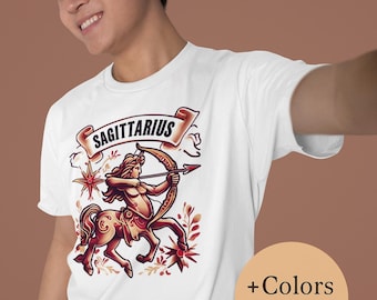 Camiseta Sagitario con estampado vintage de centauro y estrella, camiseta unisex de algodón suave — Regalo ideal para cumpleaños de signos de fuego / Tallas grandes