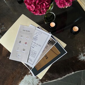 May include: A set of game clues printed on paper with the title "The Clues" and a drawing of a house with the text "A night in a haunted house" and the text "You're Invited" with the date "1960".