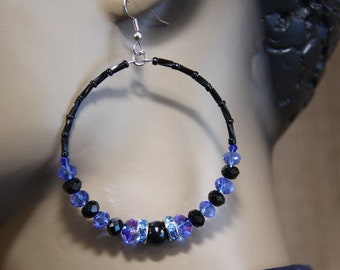 dangle hoops, blue, black,onyx,Czech glass, earrings