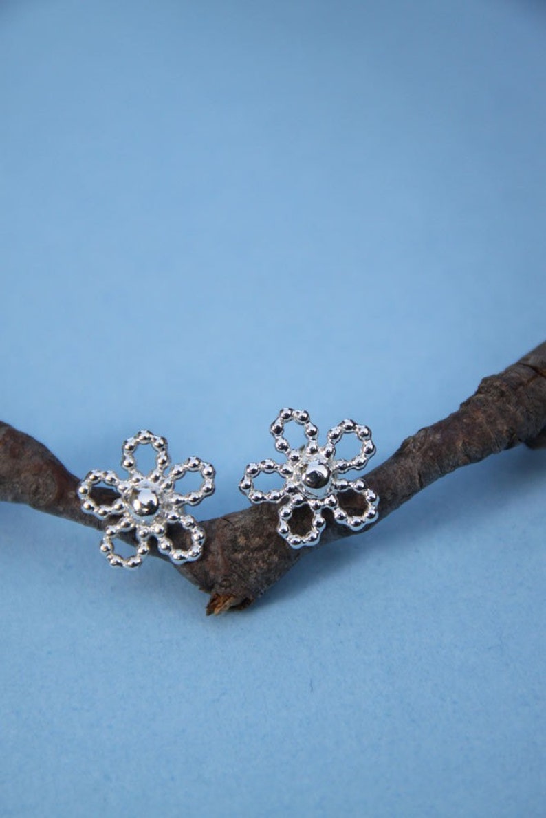 Flower Earrings Sterling Silver Beaded Wire post earrings image 2