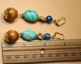 3" L Amazonite, Blue Fire agate stones, African inspired bead,  dangle earrings