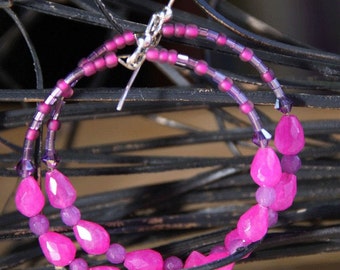 Hoop Earrings fuchsia  quartz stones TEARDROPS  N     RASPBERRIES