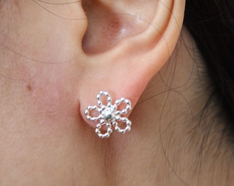 Flower Earrings  Sterling Silver  Beaded Wire post earrings