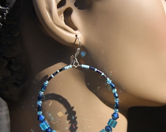 dangle hoops aqua AB polish Czech  Aqua blue beaded