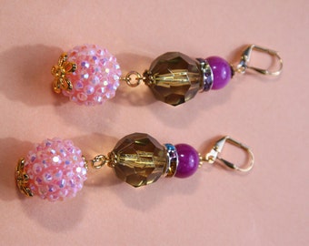 3" L  Raspberry Jade stone, olive, pink, dangle, drop earrings