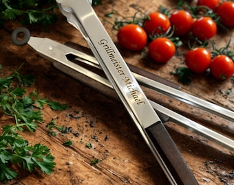 Personalisierte Grillzange - Edelstahl - Holzgriff - Nussbaum - 42,5cm - BBQ-Zange - Grill - Gartenparty - Vatertag - Geschenkidee - Gravur