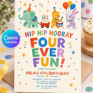 Pode incluir: Um cartão de convite de aniversário com um elefante verde, um urso amarelo tocando um tambor e um coelho roxo segurando balões. O texto diz: HIP HIP HOORAY FOUR EVER FUN! COME CELEBRATE MILA'S 4TH BIRTHDAY, SATURDAY, JULY 12, 2:00 PM, THE HAPPY PLAYHOUSE, 18 SUNSHINE STREET, RSVP TO 123-456-7890 BY JULY 5.